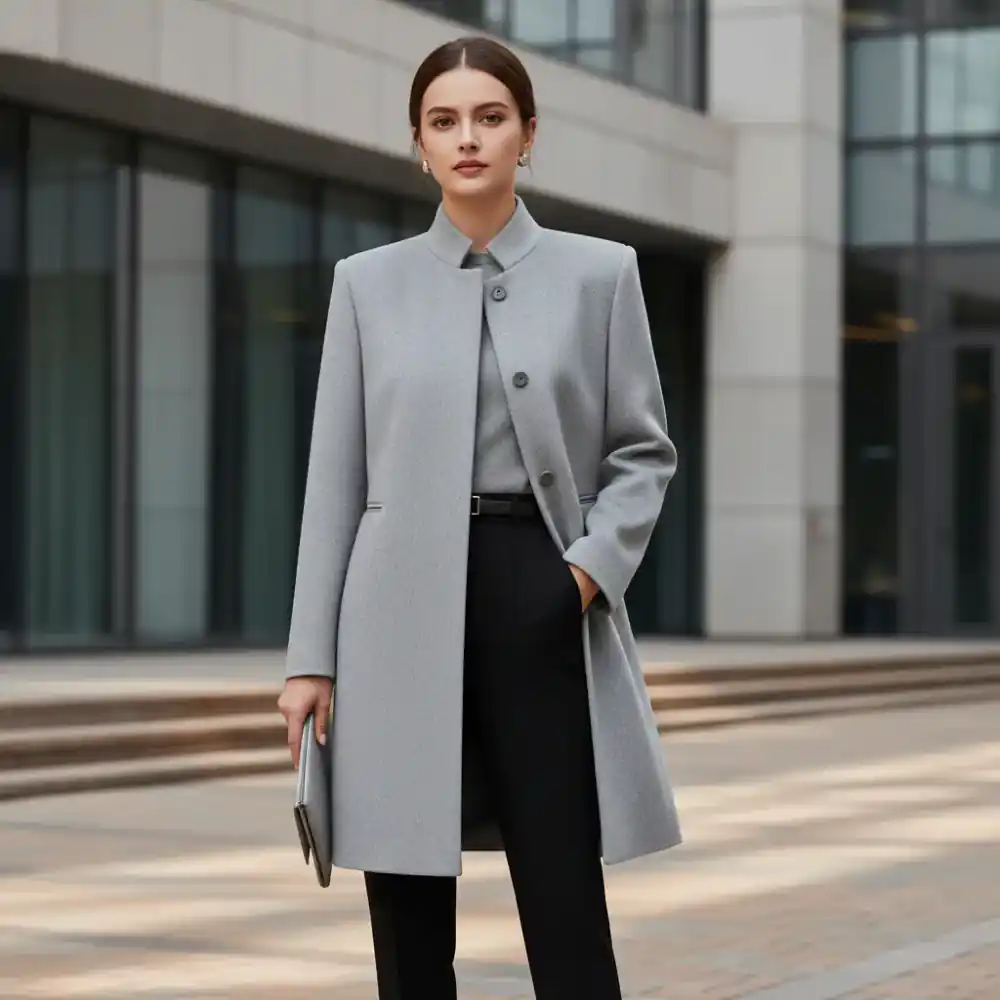 Model wearing a structured wool coat with invisible closures