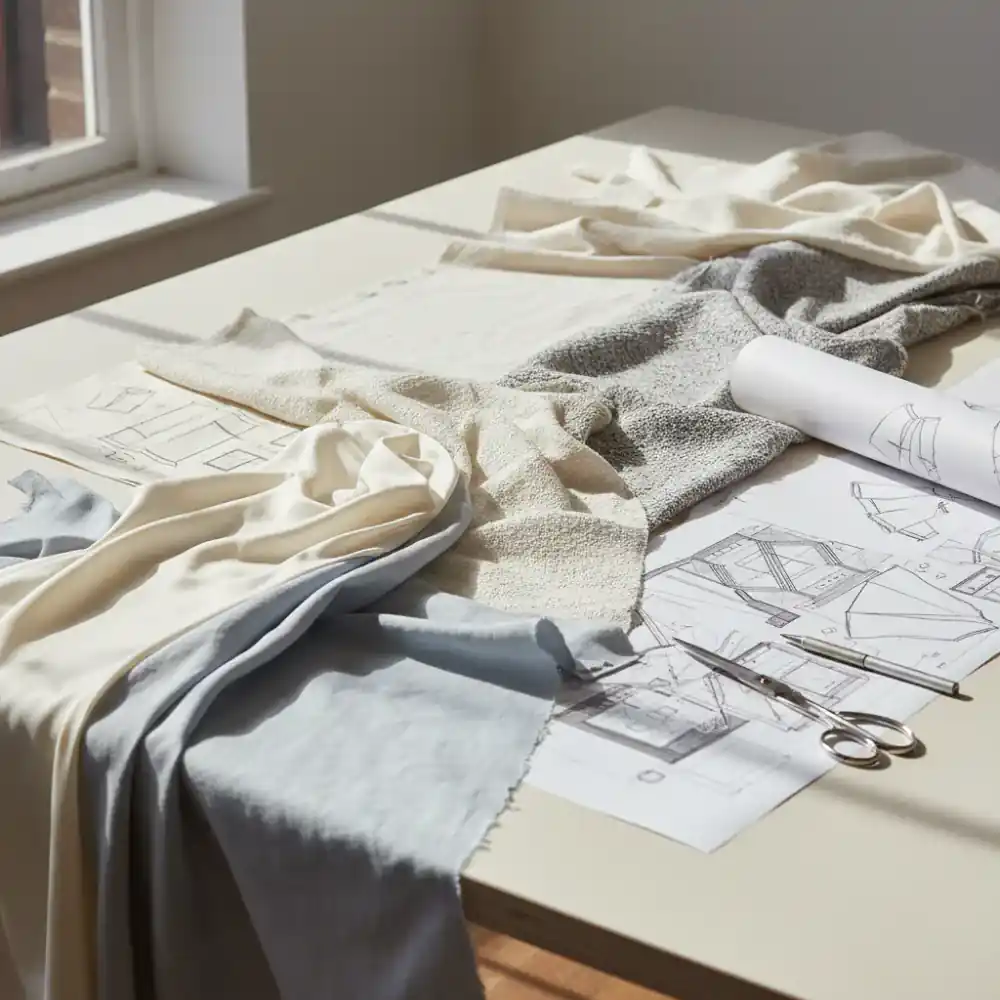 Fabric textures and sketches representing thoughtful design
